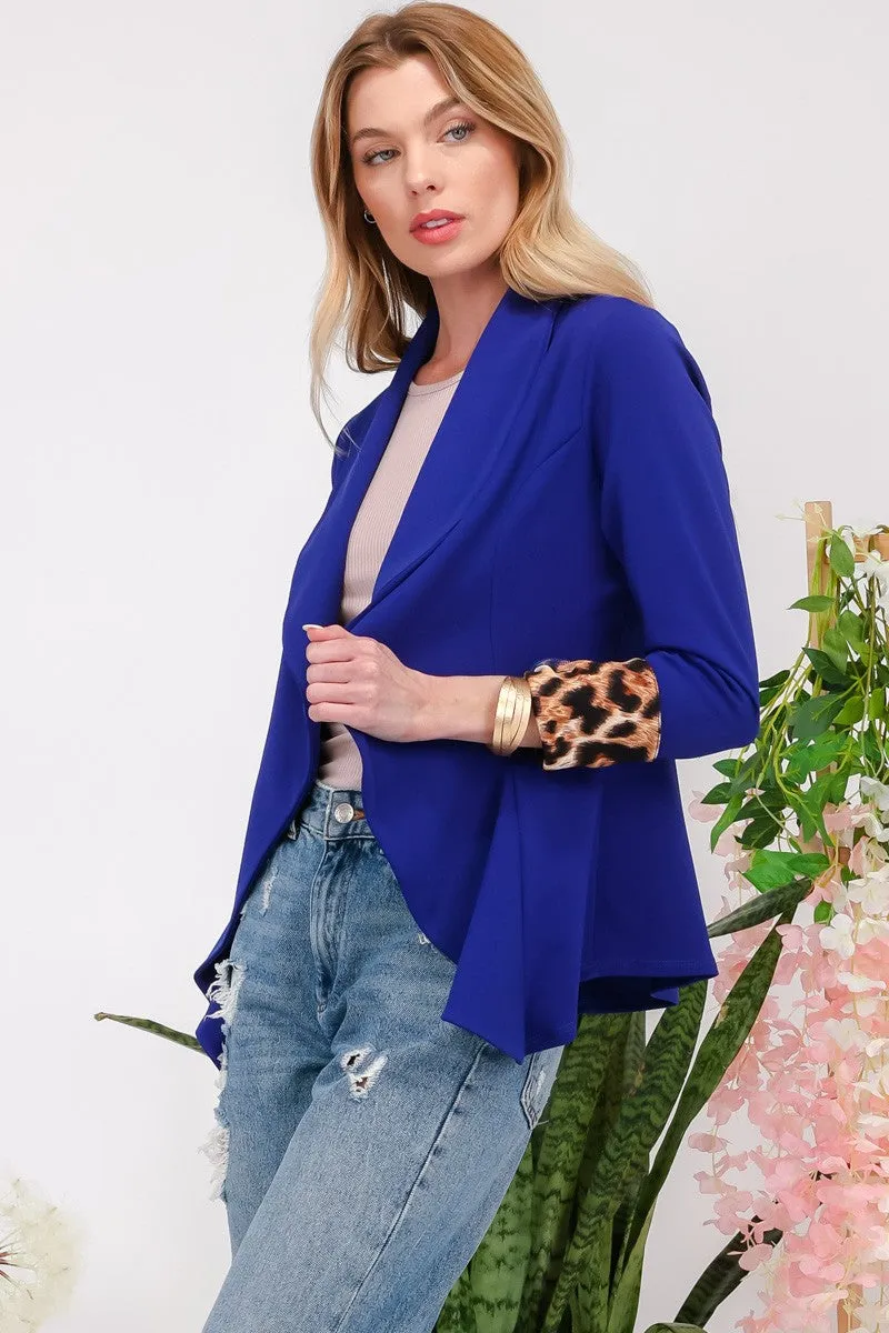 Celeste Rolled Leopard Cuff Open Front Blazer