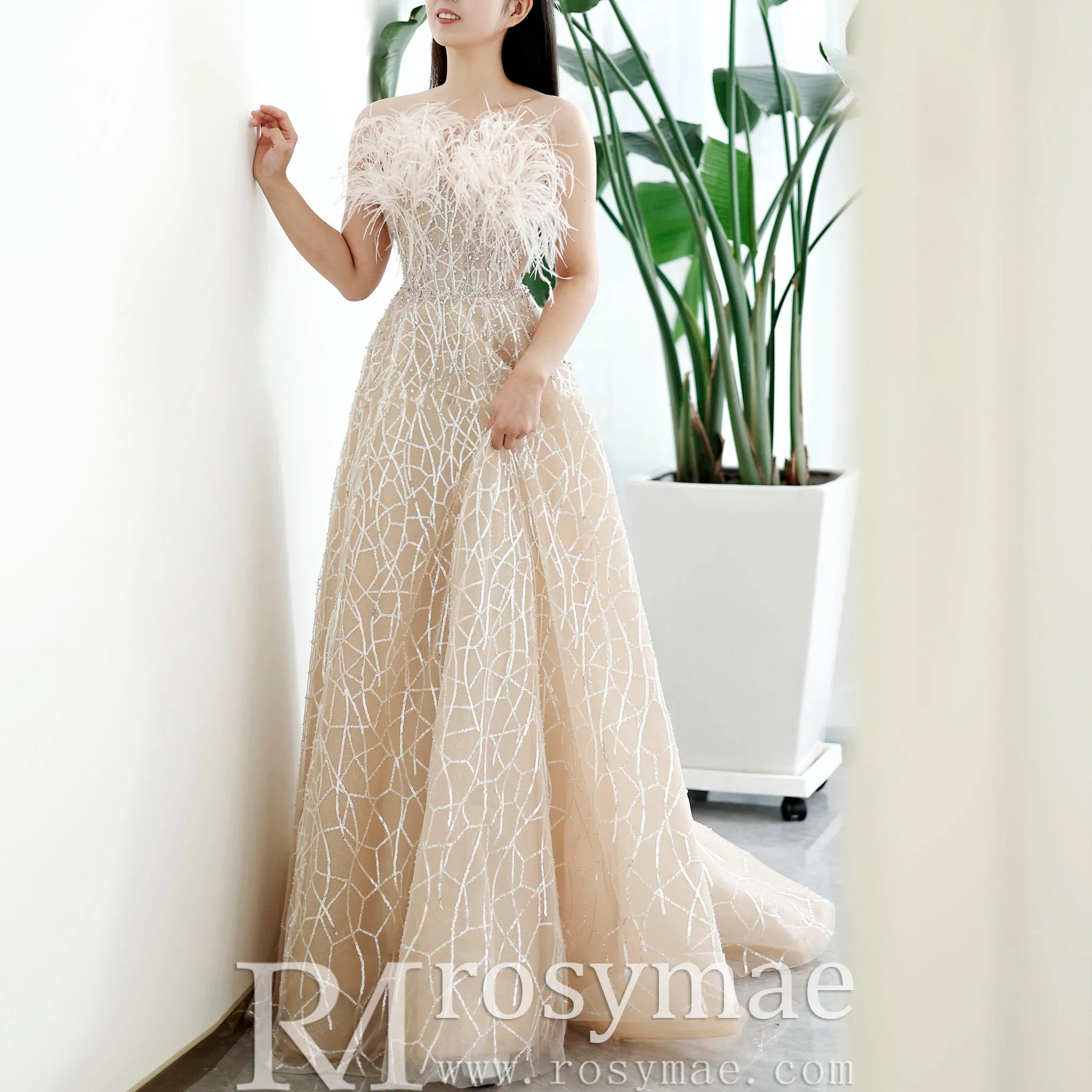 Champagne Sparkle A-line Wedding Dress with Feathers