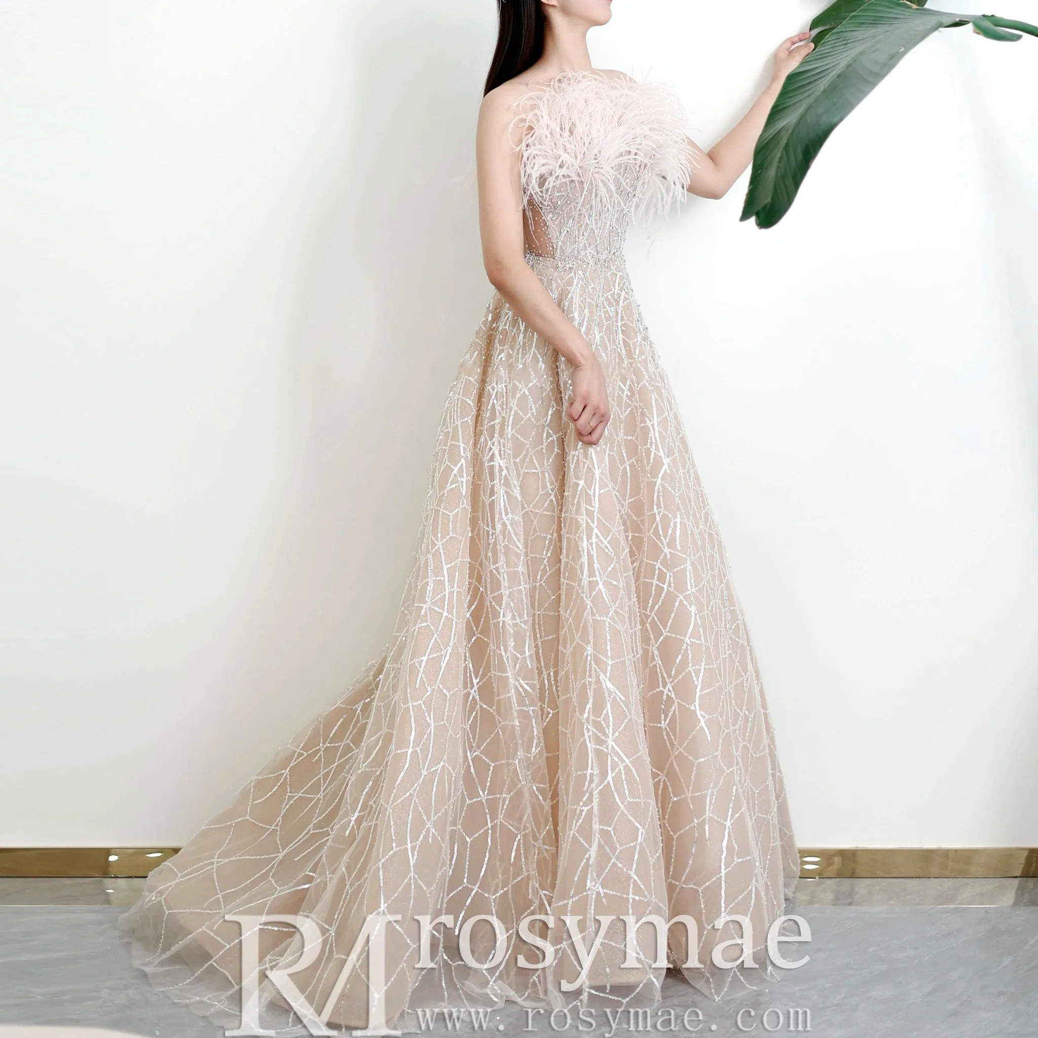 Champagne Sparkle A-line Wedding Dress with Feathers