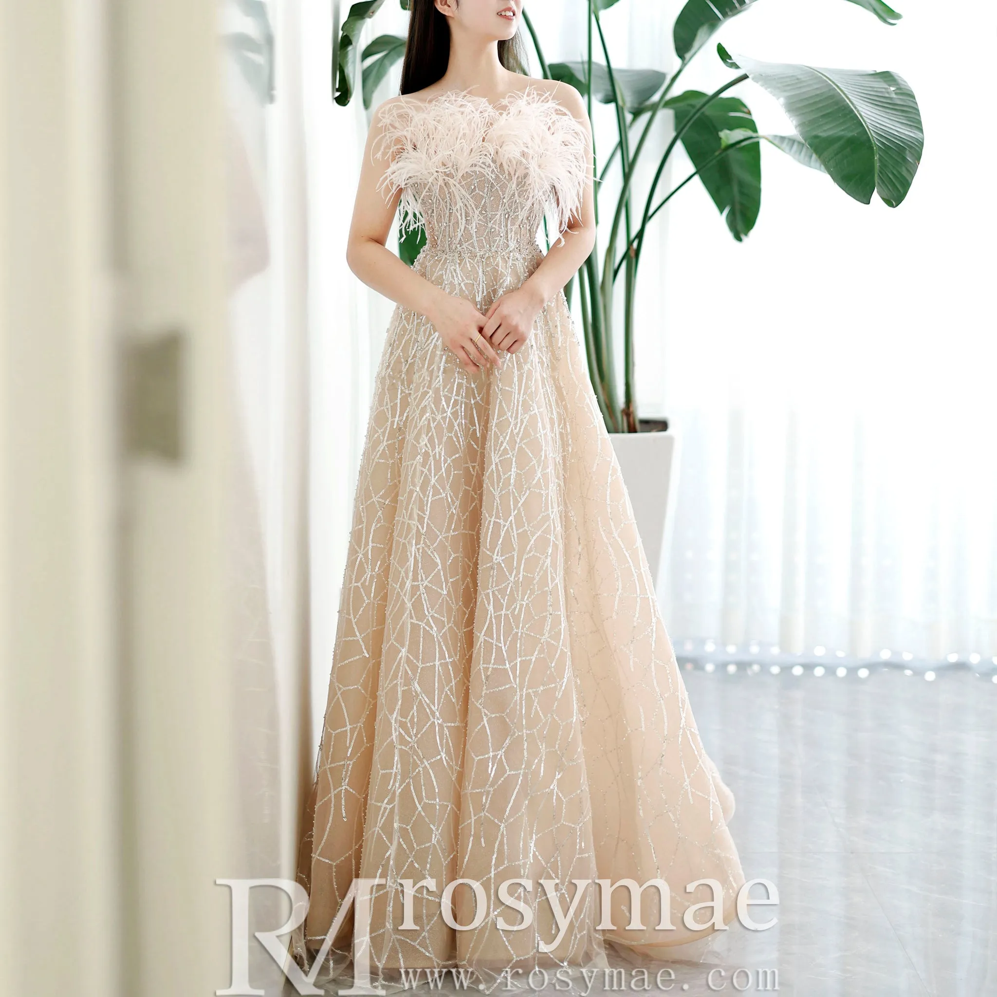 Champagne Sparkle A-line Wedding Dress with Feathers
