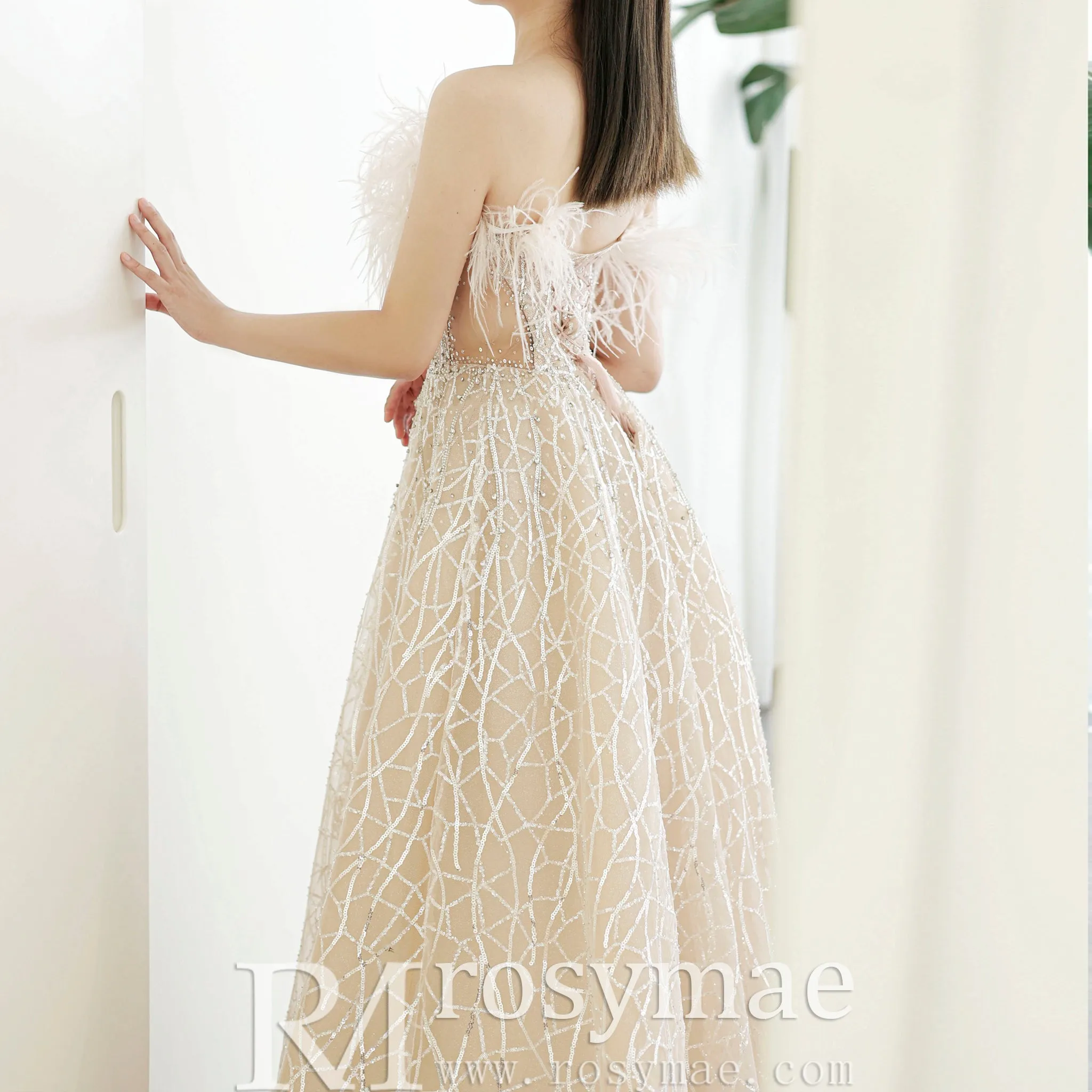 Champagne Sparkle A-line Wedding Dress with Feathers