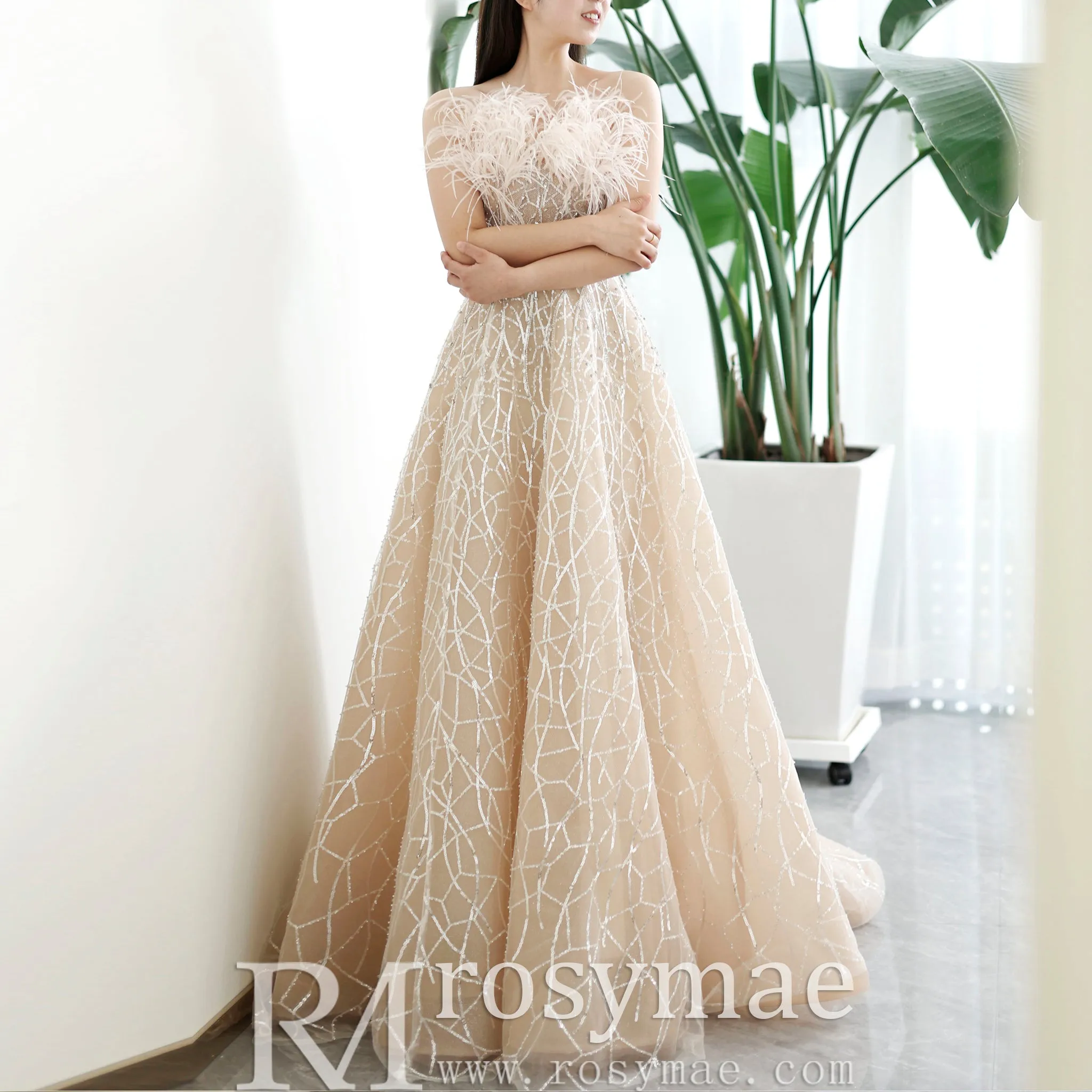 Champagne Sparkle A-line Wedding Dress with Feathers