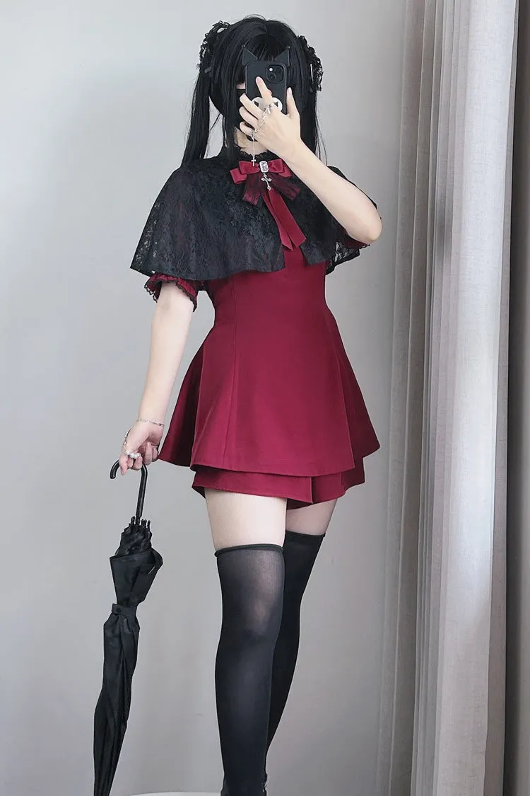 Choir Fake Collar Short Sleeves Lace Jirai Kei Japanese Dress Set 2 Colors