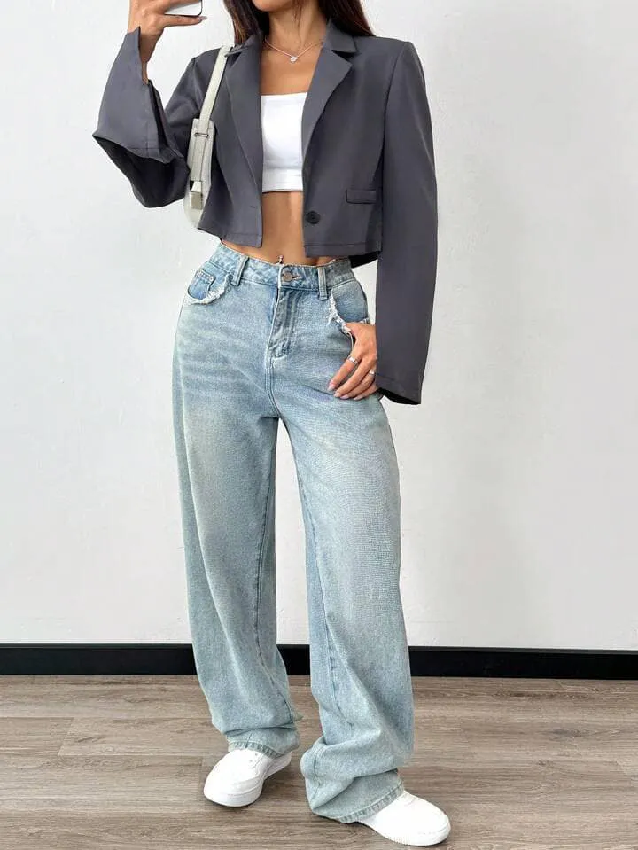 CM-CS486944 Women Casual Seoul Style Short Sleeve Notched Collar Split Hem Blazer - Dark Gray