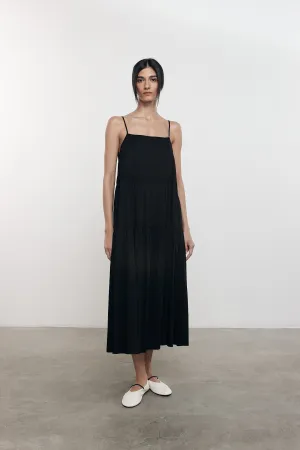 Cool Cotton Strappy Tiered Dress in Black