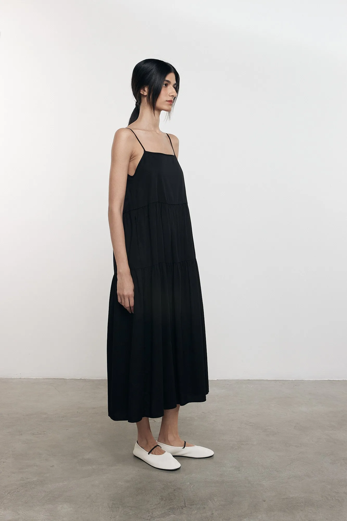 Cool Cotton Strappy Tiered Dress in Black