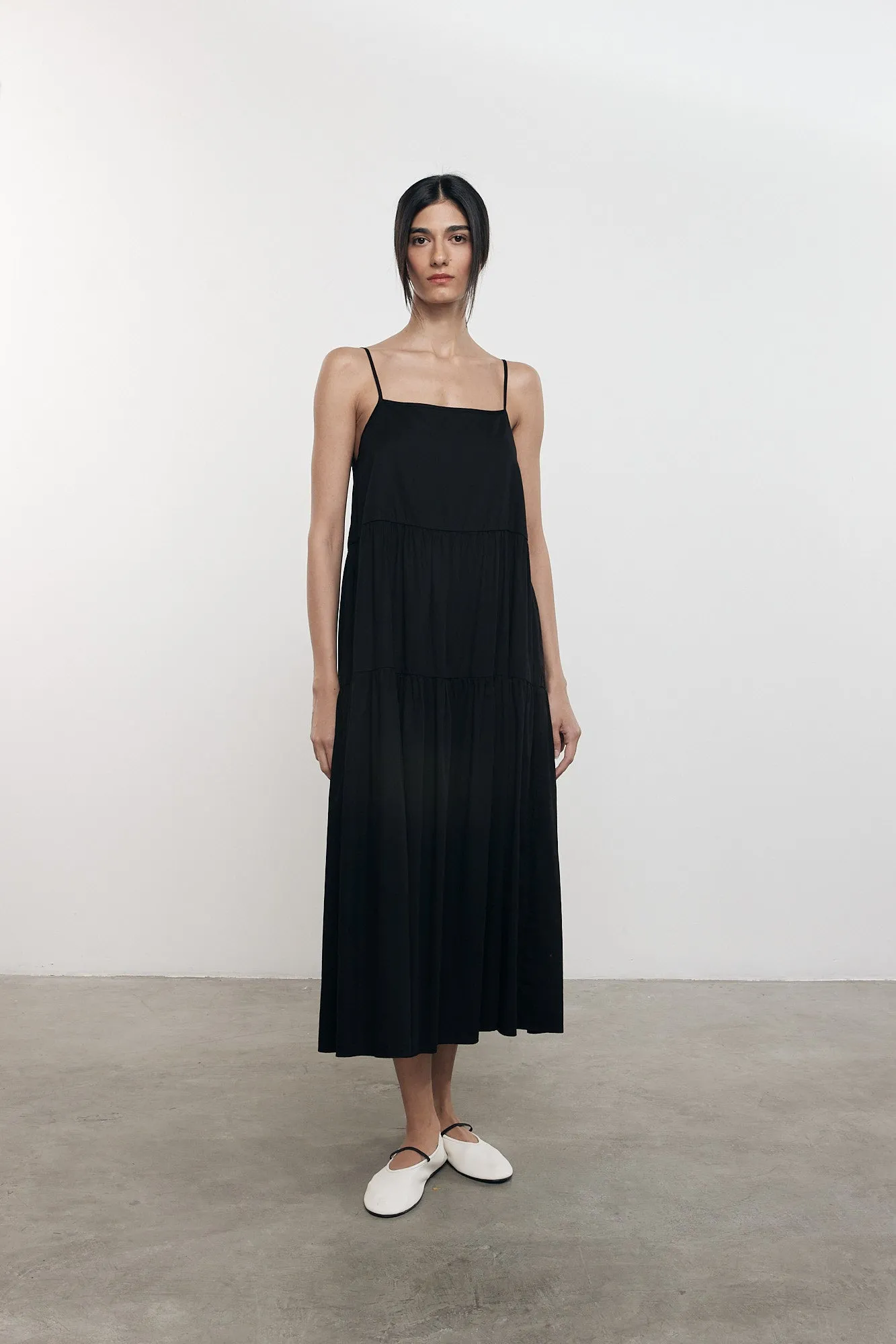 Cool Cotton Strappy Tiered Dress in Black