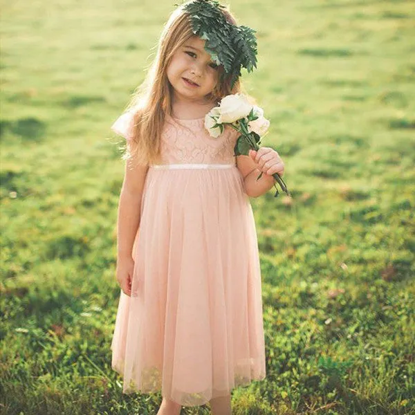 Cute A-Line Round Neck Pink Tulle Long Cheap Flower Girl Dresses with Lace, QB0095