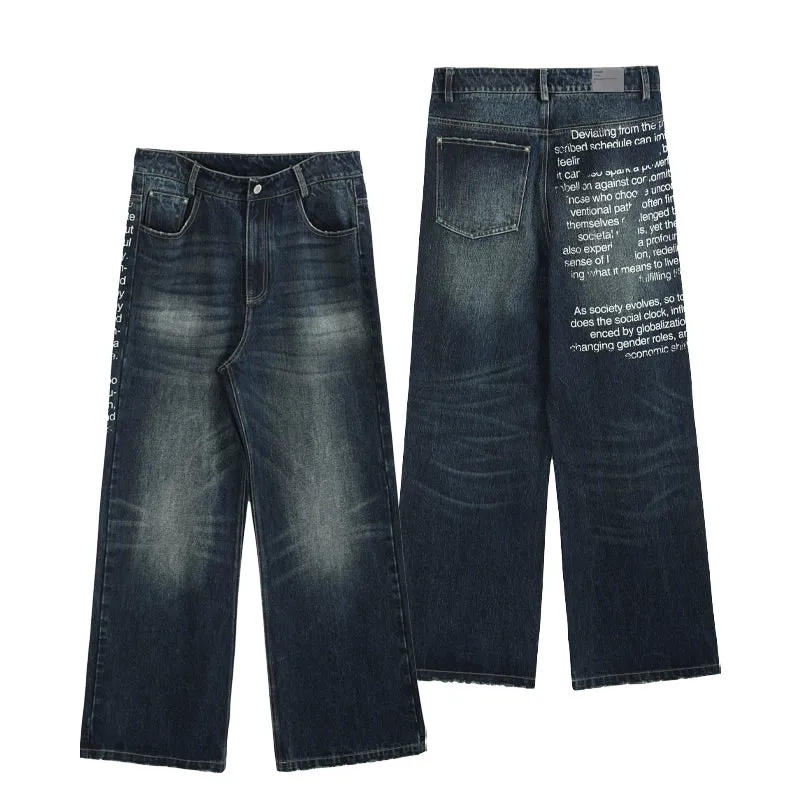 Dark Blue Wide-Leg Printed Jeans