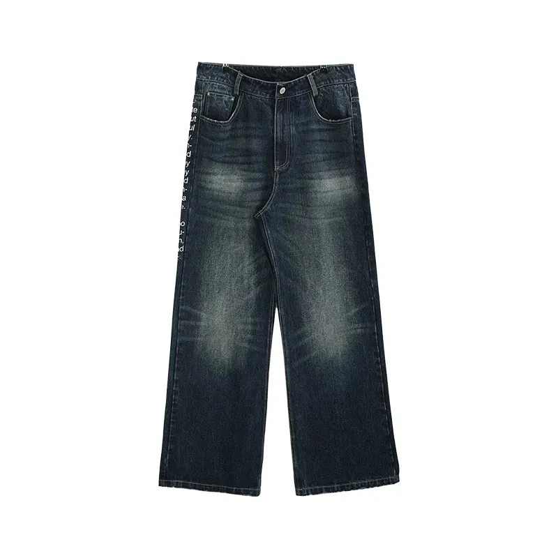 Dark Blue Wide-Leg Printed Jeans