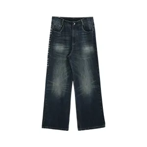 Dark Blue Wide-Leg Printed Jeans