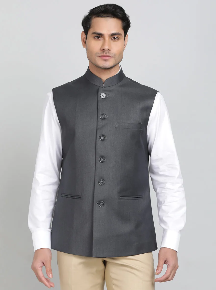 Dark Grey Solid Regular Fit Bandhgala Jacket | Greenfibre
