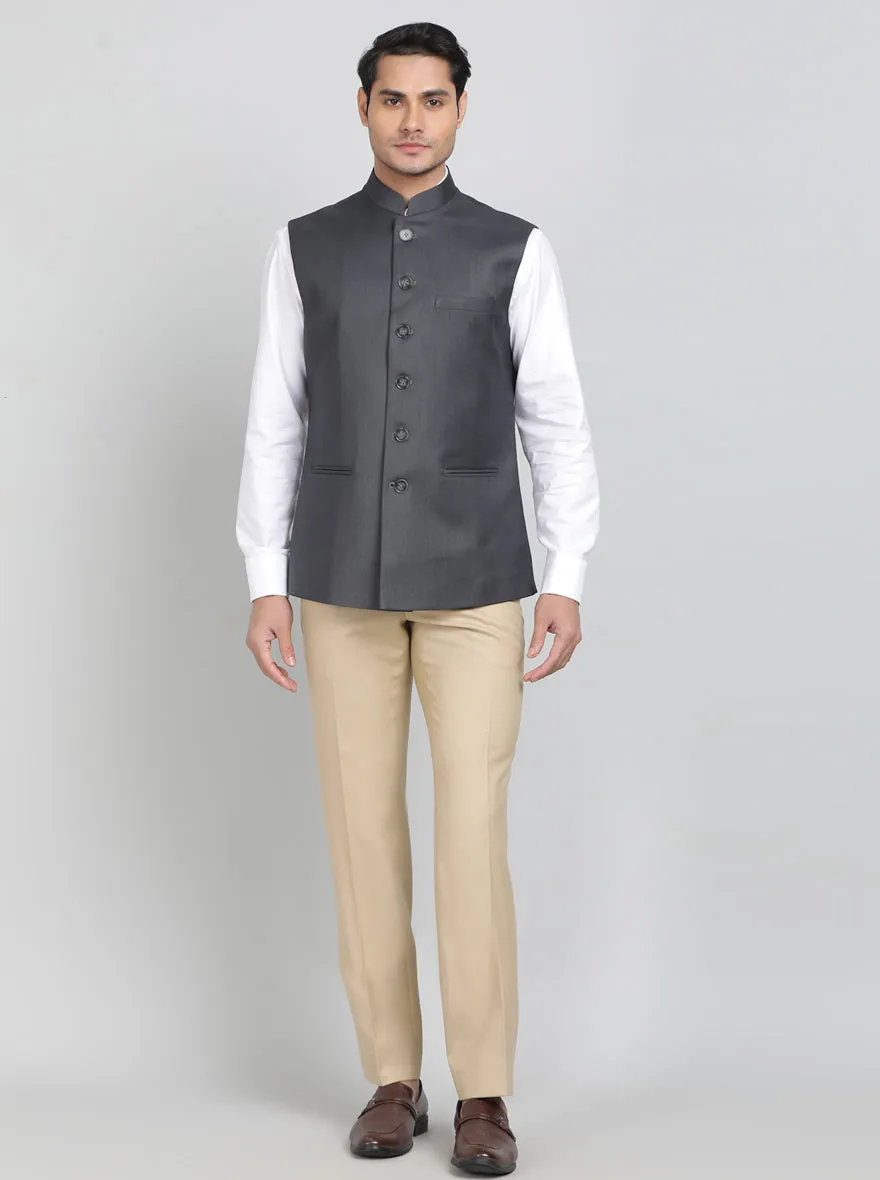 Dark Grey Solid Regular Fit Bandhgala Jacket | Greenfibre