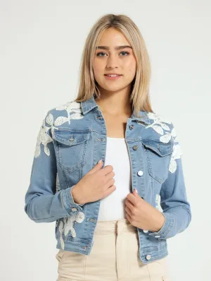 Denim Jacket With Crochet Detail - Light Blue