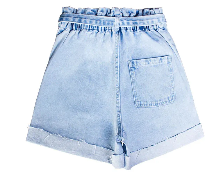 ELASTIC WAIST HEM WIDE LEG DENIM SHORTS
