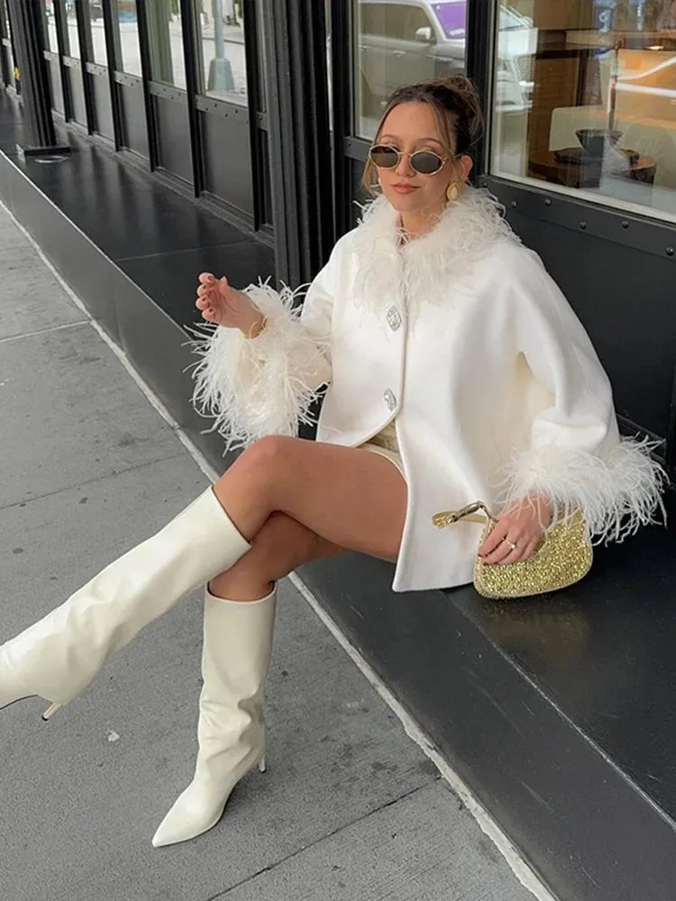 Elegant Feather Collar Cape Coats For Women Casual Solid Single