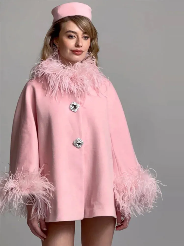 Elegant Feather Collar Cape Coats For Women Casual Solid Single