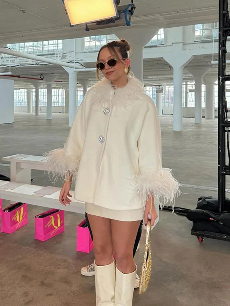 Elegant Feather Collar Cape Coats For Women Casual Solid Single