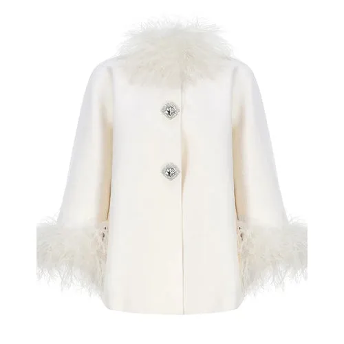Elegant Feather Collar Cape Coats For Women Casual Solid Single
