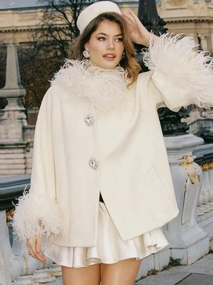 Elegant Feather Collar Cape Coats For Women Casual Solid Single