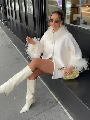 Elegant Feather Collar Cape Coats For Women Casual Solid Single