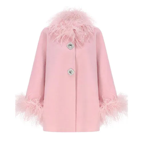 Elegant Feather Collar Cape Coats For Women Casual Solid Single