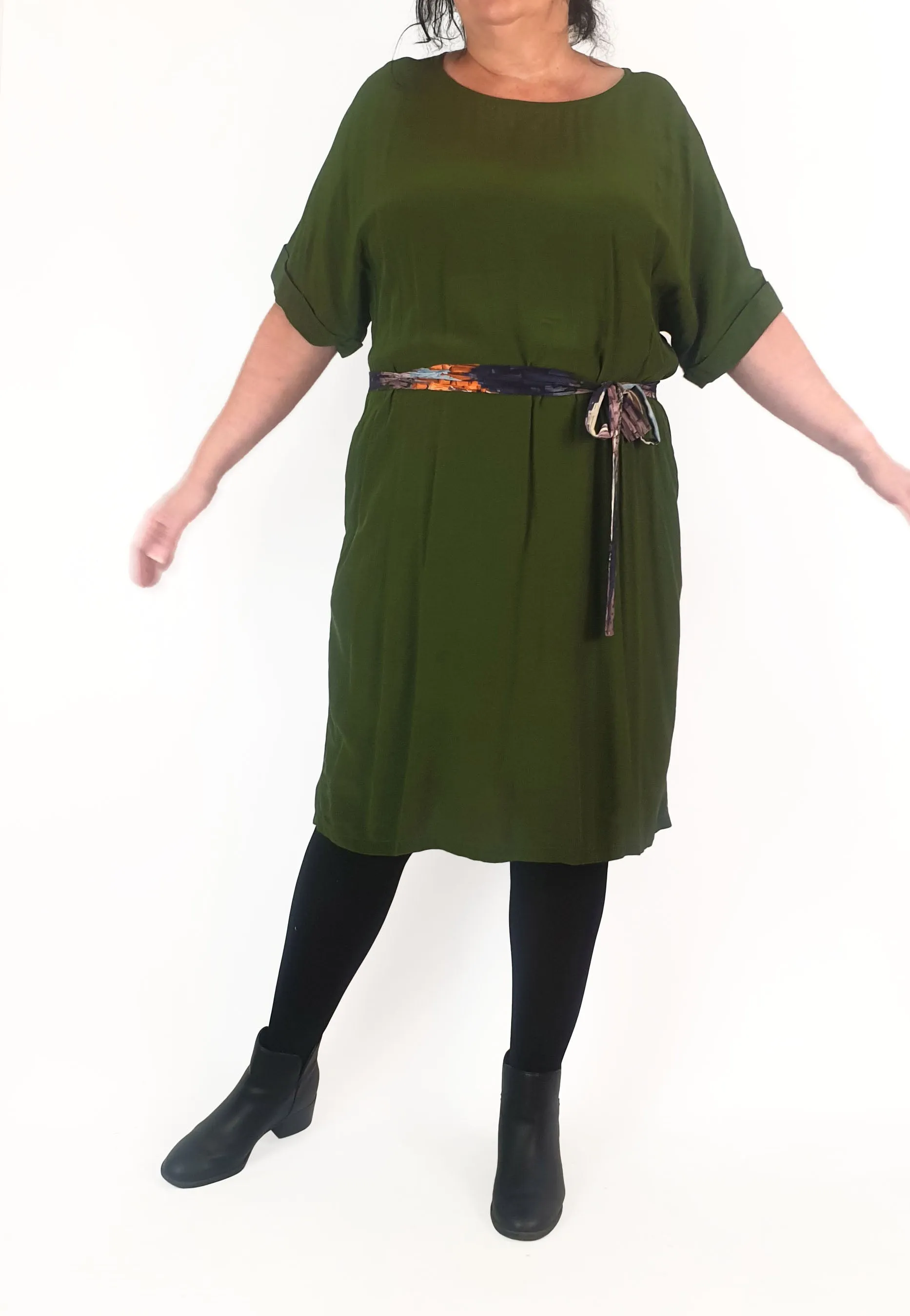 Elk green dress with contrasting waist tie size 16