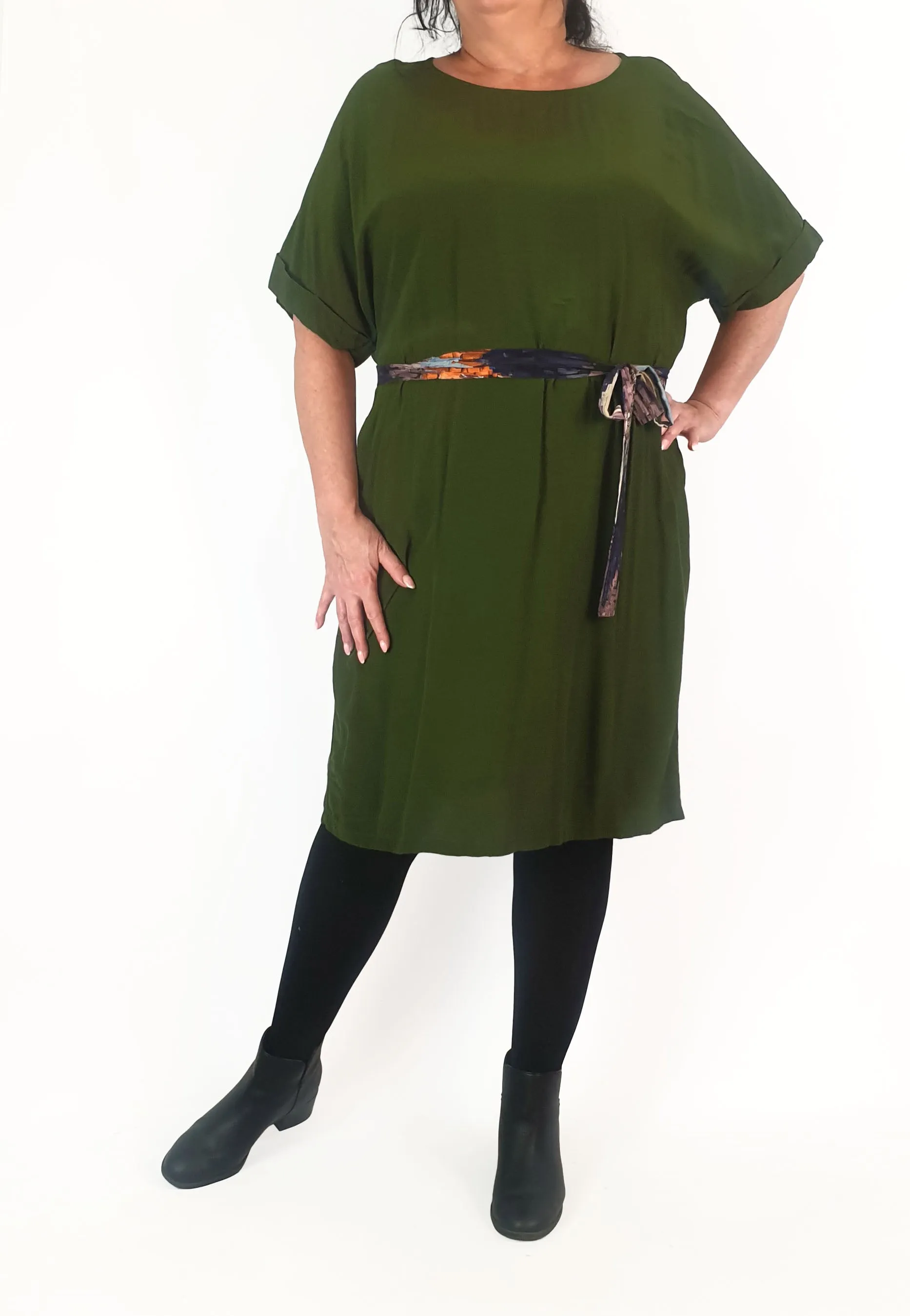 Elk green dress with contrasting waist tie size 16