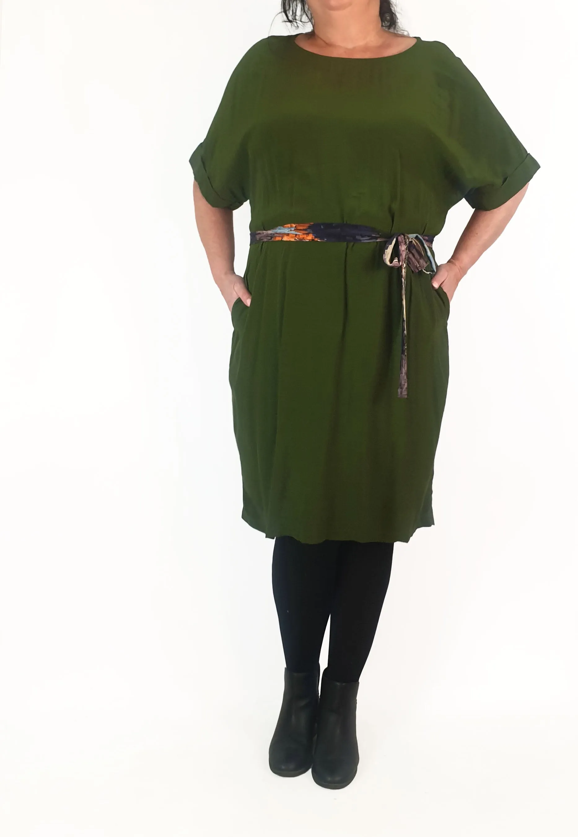 Elk green dress with contrasting waist tie size 16