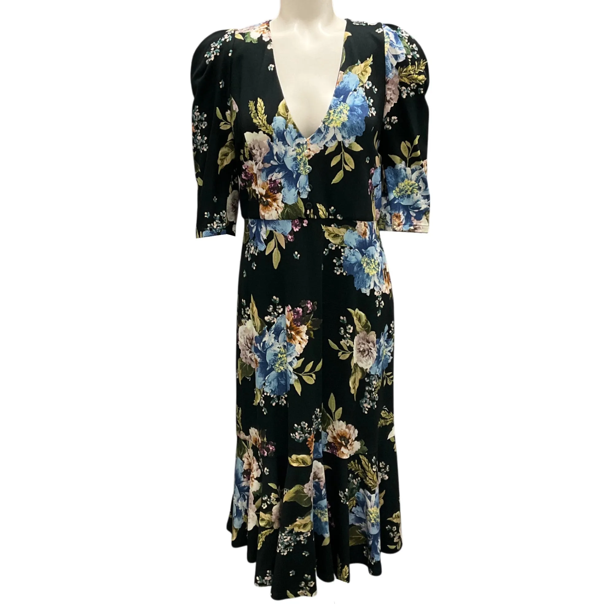 Erdem Black / Blue Multi Ottavia Ruffled Floral-Print Ponte Midi Dress