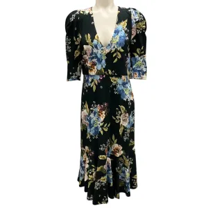Erdem Black / Blue Multi Ottavia Ruffled Floral-Print Ponte Midi Dress