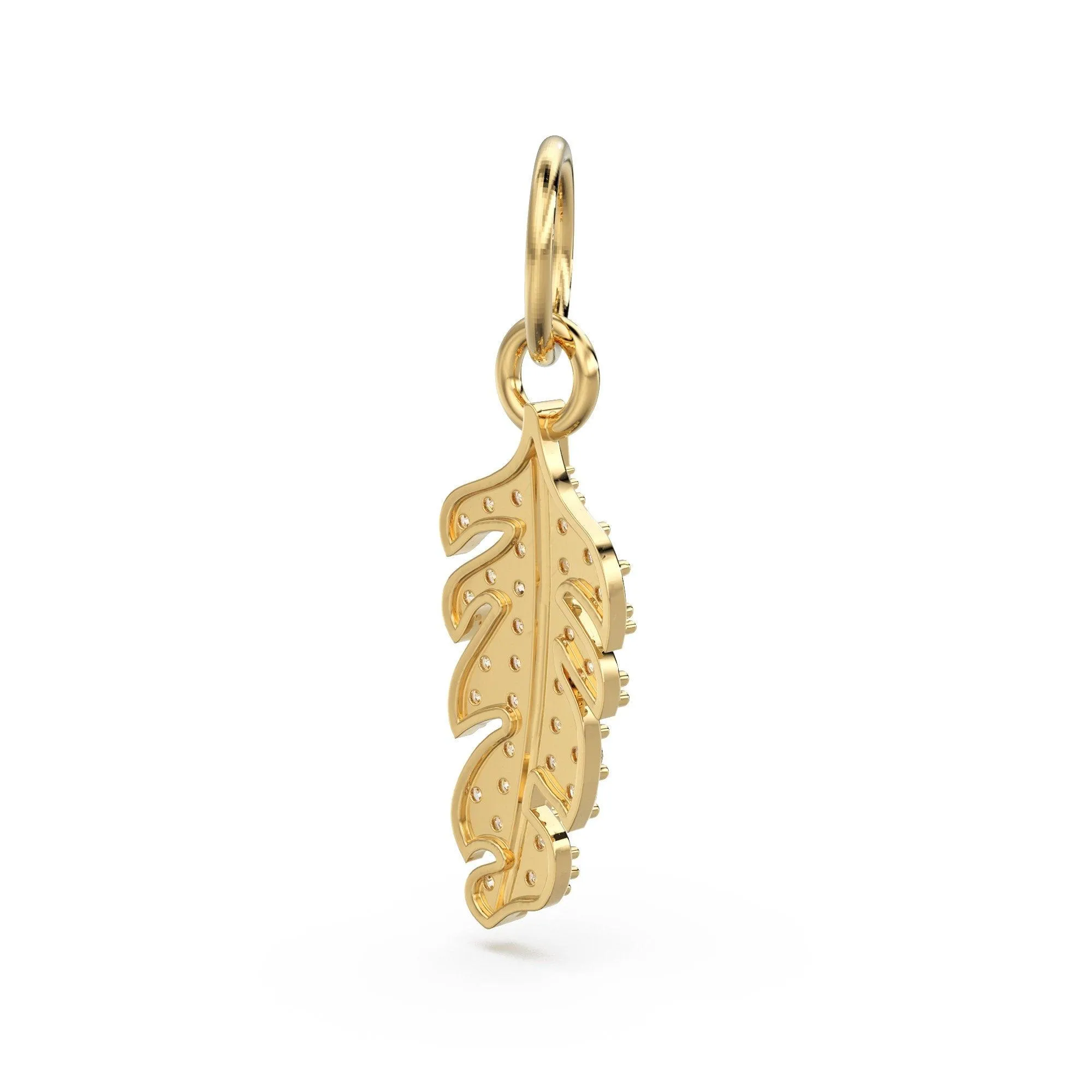 Feather Diamond Solid Gold Charm / Real Diamond Bird Charm / 14k Gold Quill Charm / Feathered Real Diamond Pendant