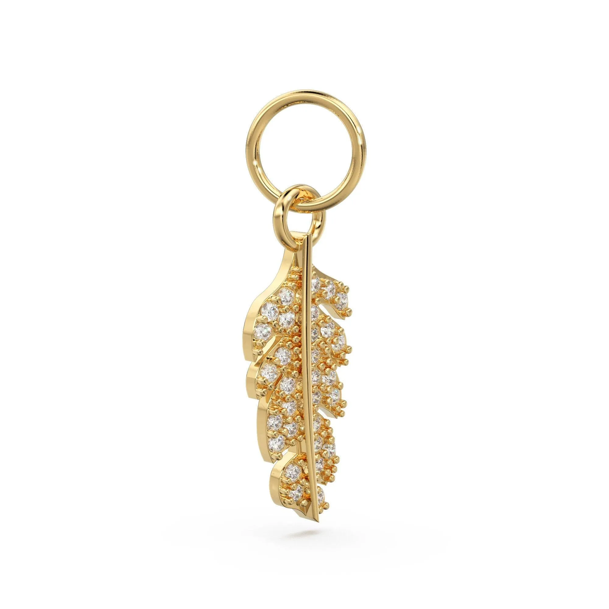 Feather Diamond Solid Gold Charm / Real Diamond Bird Charm / 14k Gold Quill Charm / Feathered Real Diamond Pendant