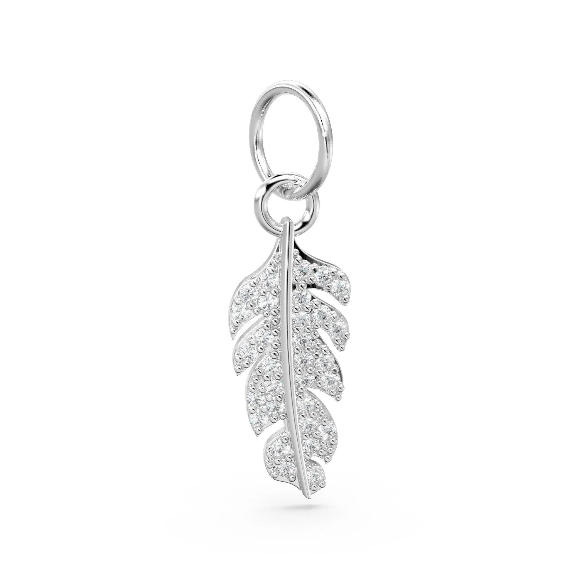 Feather Diamond Solid Gold Charm / Real Diamond Bird Charm / 14k Gold Quill Charm / Feathered Real Diamond Pendant