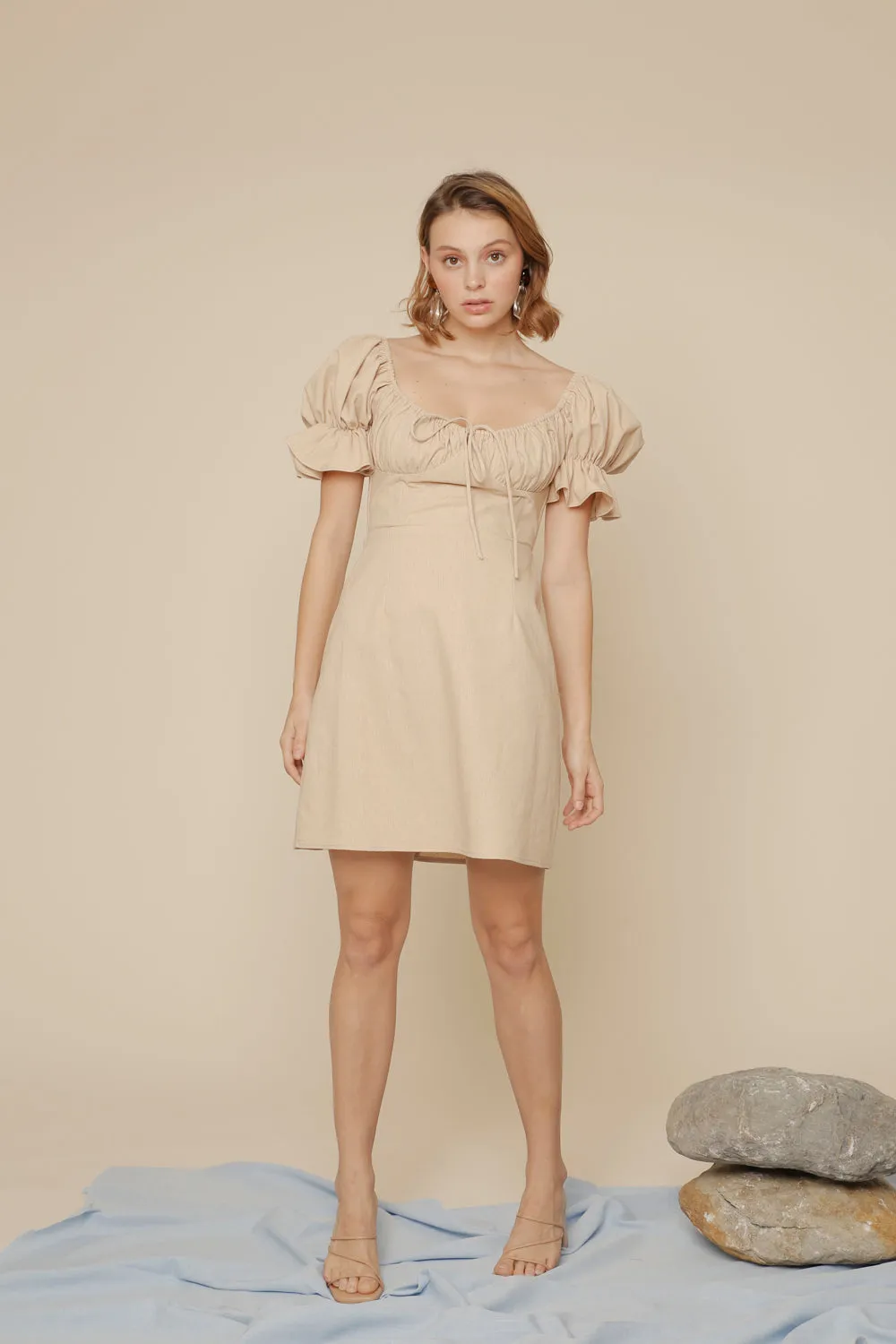 FIA Puff Sleeve Mini Dress with Frill and Drawstring Detail (Nude Linen)