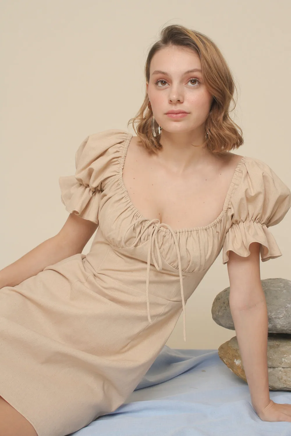 FIA Puff Sleeve Mini Dress with Frill and Drawstring Detail (Nude Linen)
