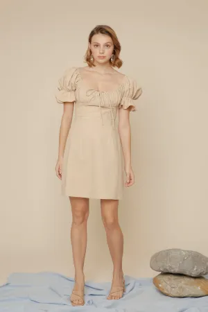 FIA Puff Sleeve Mini Dress with Frill and Drawstring Detail (Nude Linen)