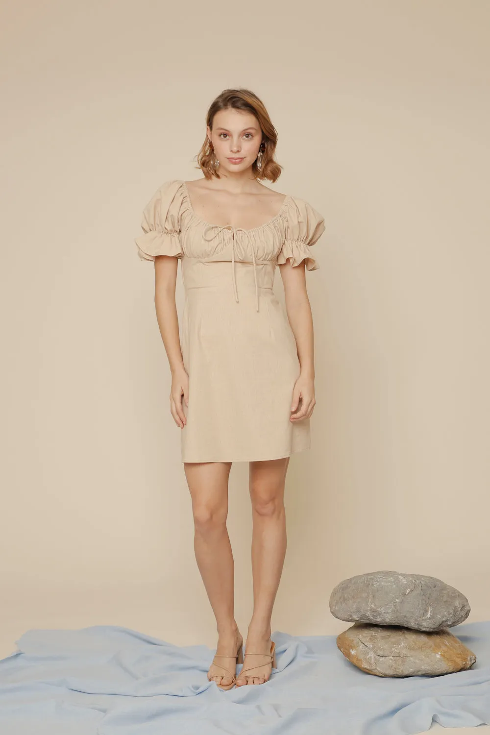 FIA Puff Sleeve Mini Dress with Frill and Drawstring Detail (Nude Linen)