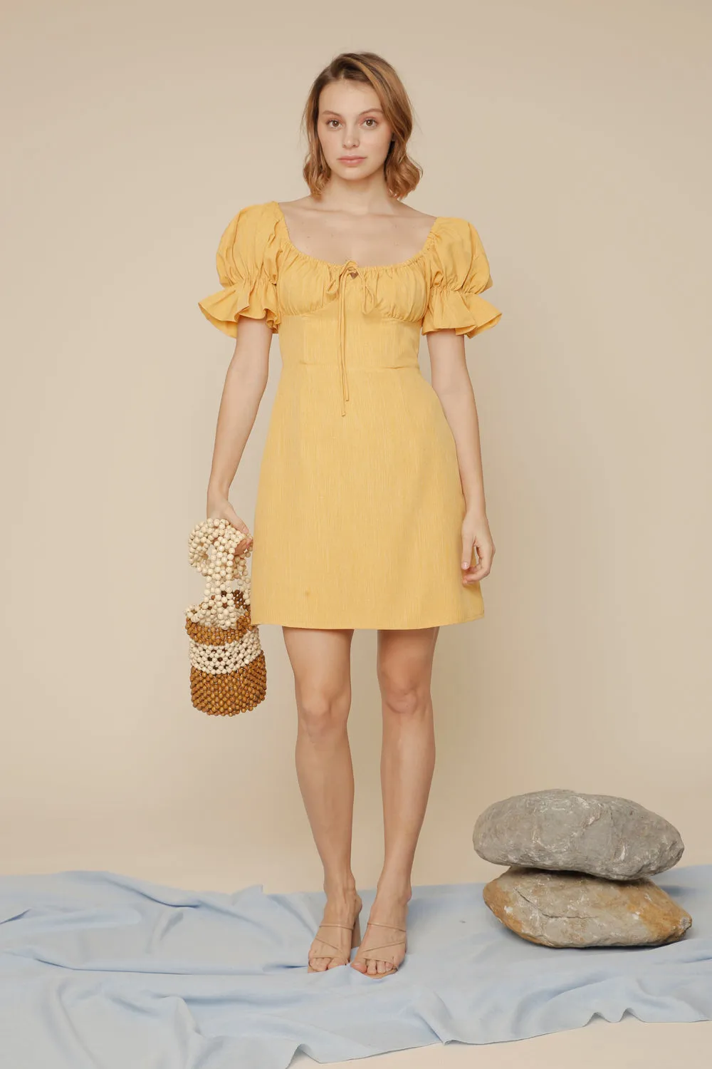 FIA Puff Sleeve Mini Dress with Frill and Drawstring Detail (Yellow Linen)