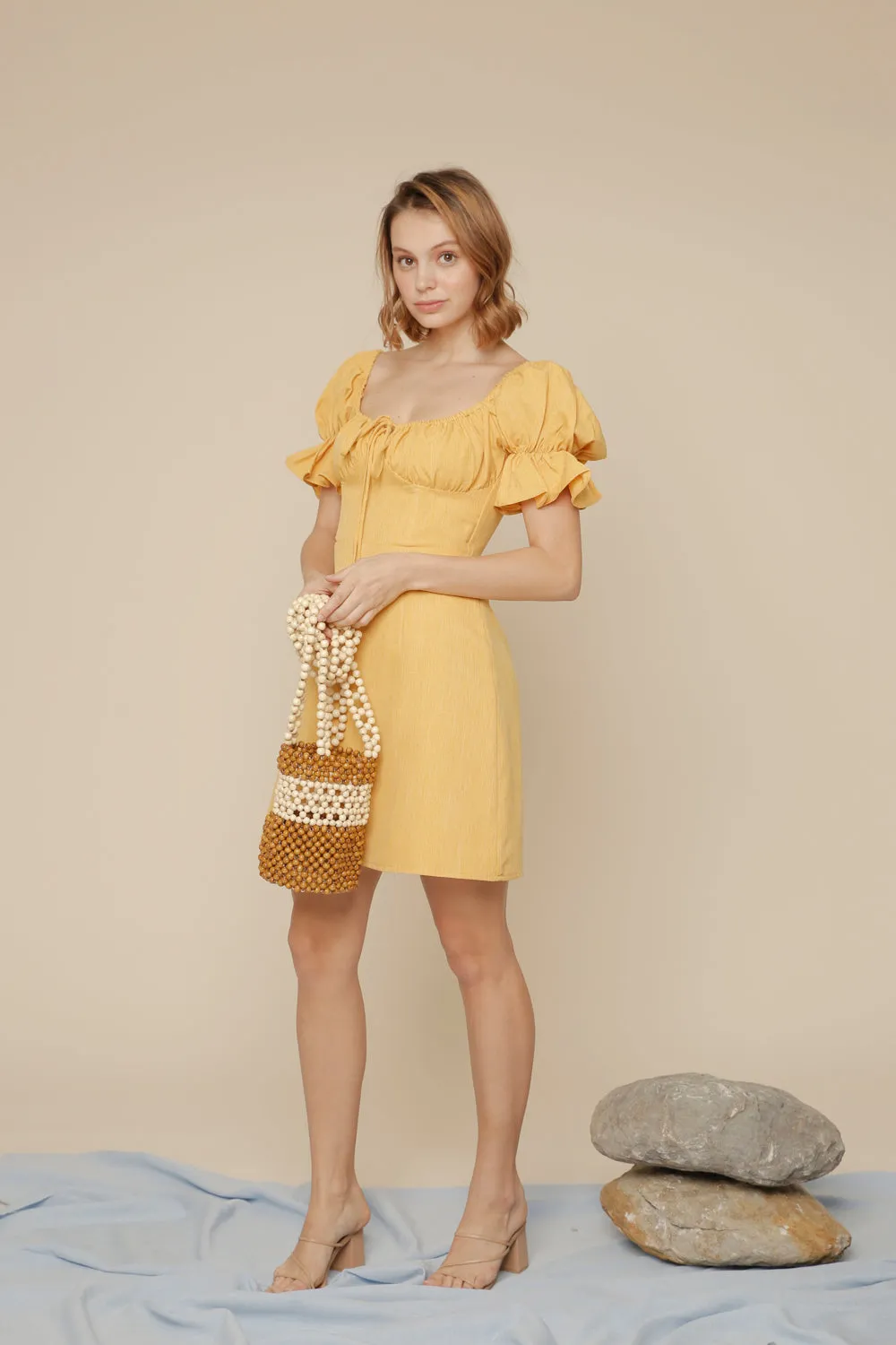 FIA Puff Sleeve Mini Dress with Frill and Drawstring Detail (Yellow Linen)