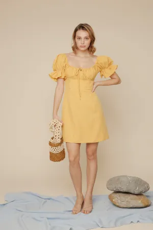 FIA Puff Sleeve Mini Dress with Frill and Drawstring Detail (Yellow Linen)