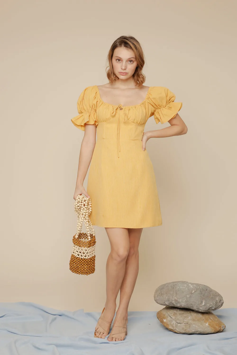 FIA Puff Sleeve Mini Dress with Frill and Drawstring Detail (Yellow Linen)