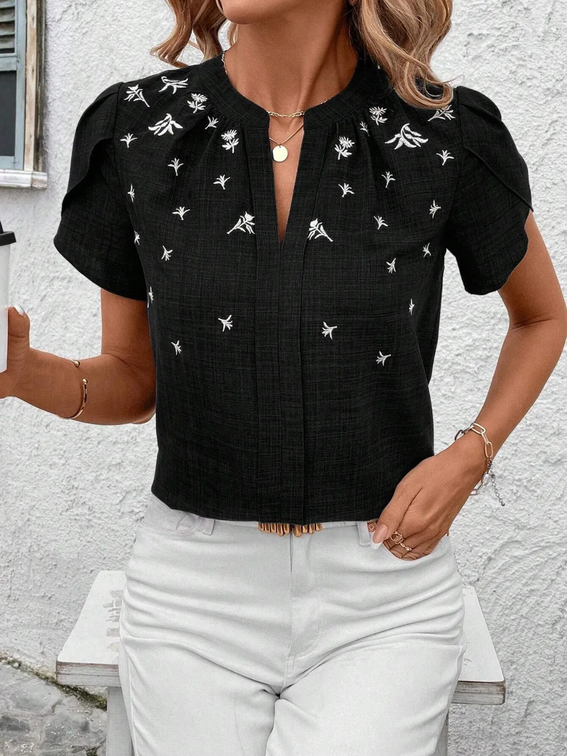 Floral Notched Short Sleeve Blouse