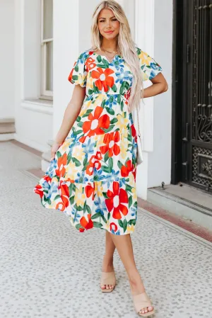 Flower Print Chest Pocket V Neck Blouse