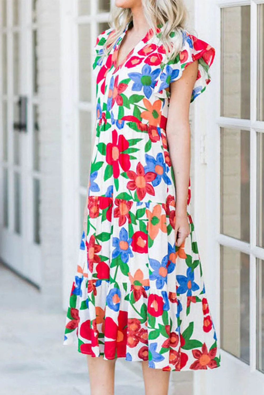 Flower Print Chest Pocket V Neck Blouse