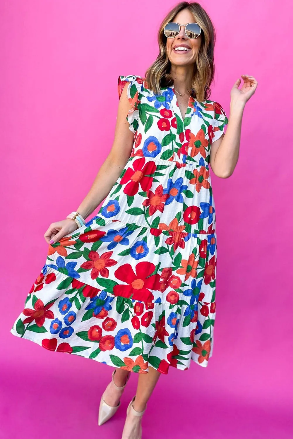 Flower Print Chest Pocket V Neck Blouse