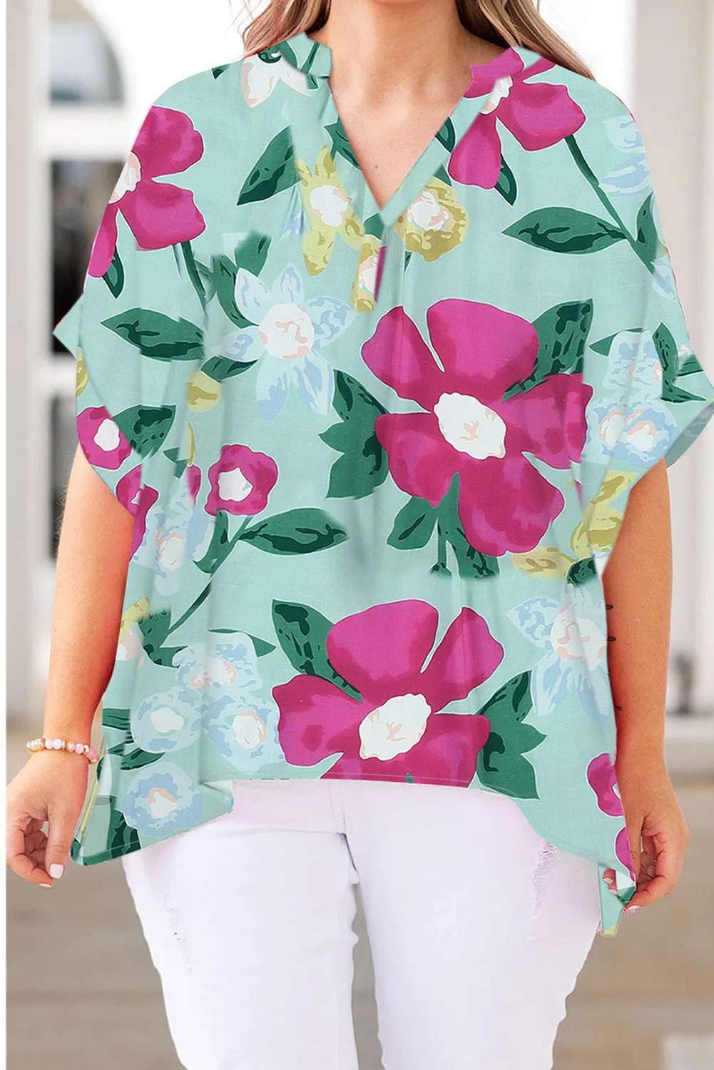 Flower Print Chest Pocket V Neck Blouse