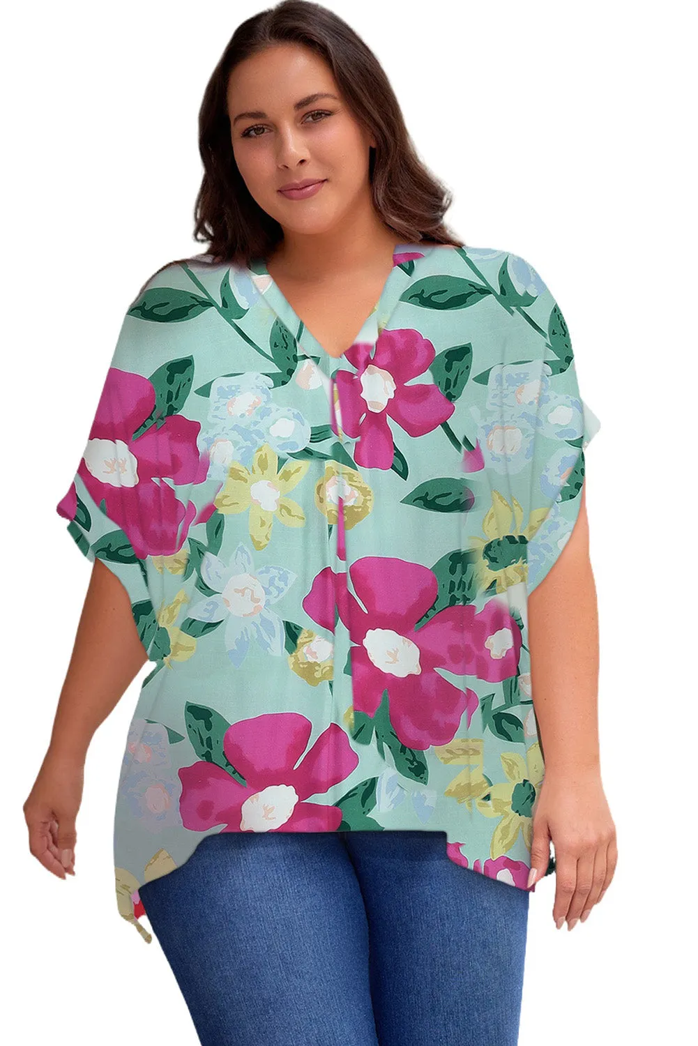 Flower Print Chest Pocket V Neck Blouse