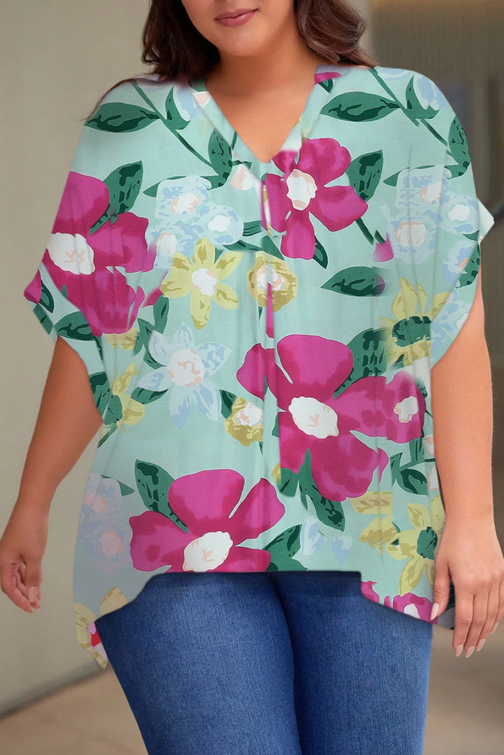 Flower Print Chest Pocket V Neck Blouse