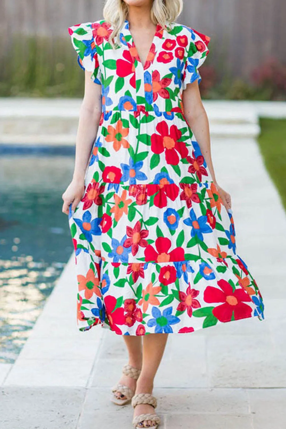Flower Print Chest Pocket V Neck Blouse